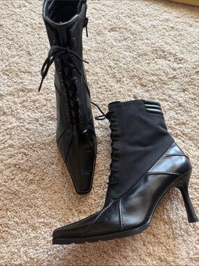 Stuart Weitzman Black Lace-Up Pointed Ankle Boots